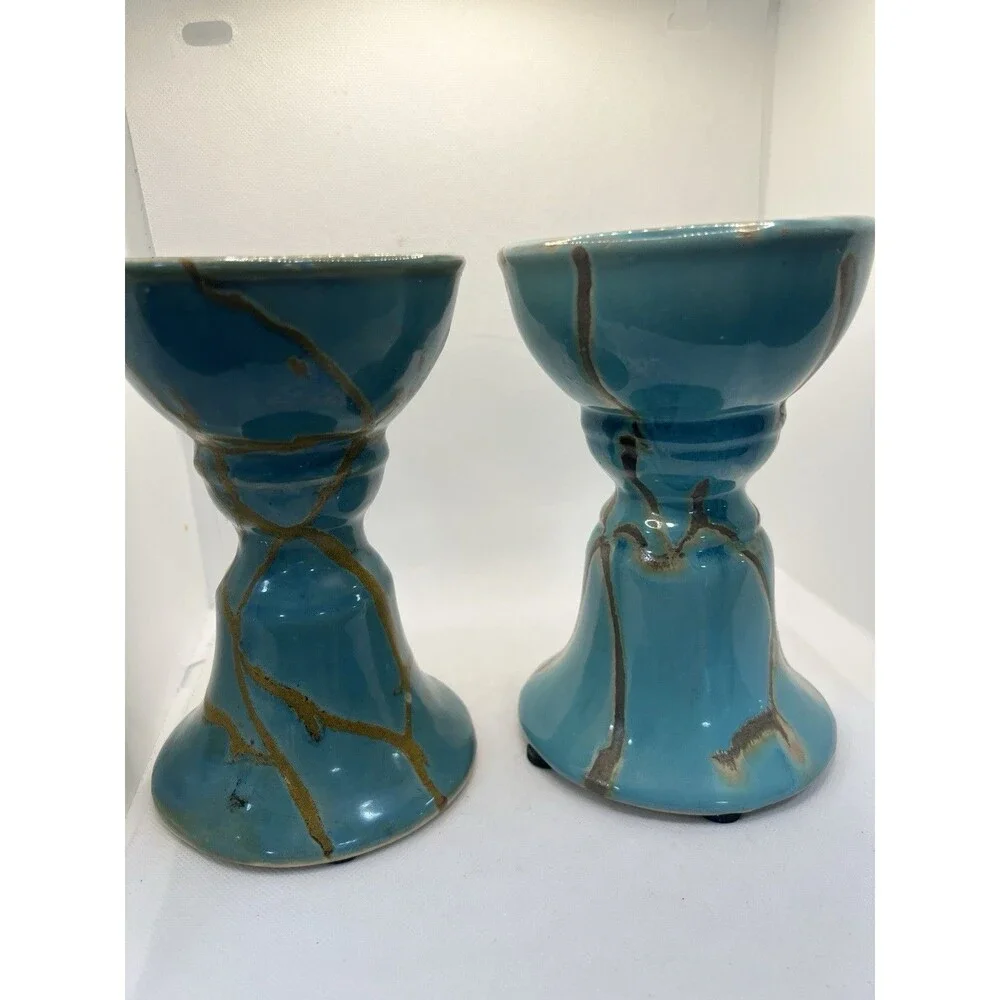 2 Raku Candle Holder Z Gallerie Pillar Taper Turquoise Blue teal brown 8